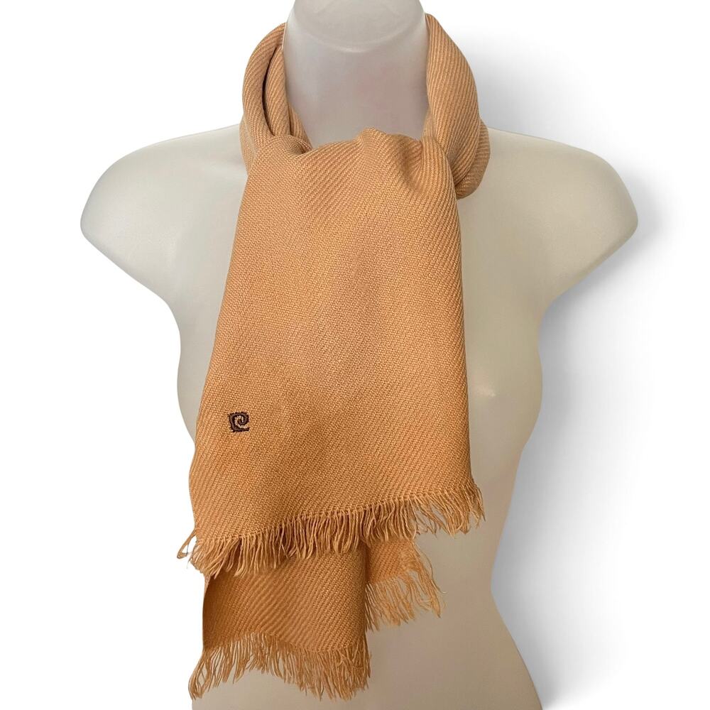 Vintage Pierre Cardin Embroidered Logo Camel Orlon Acrylic Fringe Muffler Scarf